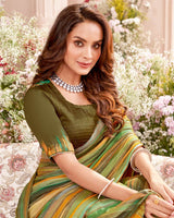 Vishal Prints Dark Khakhi Green Fancy Chiffon Digital Print Saree With Core Piping