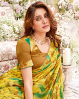 Vishal Prints Lime Yellow Fancy Chiffon Digital Print Saree With Core Piping