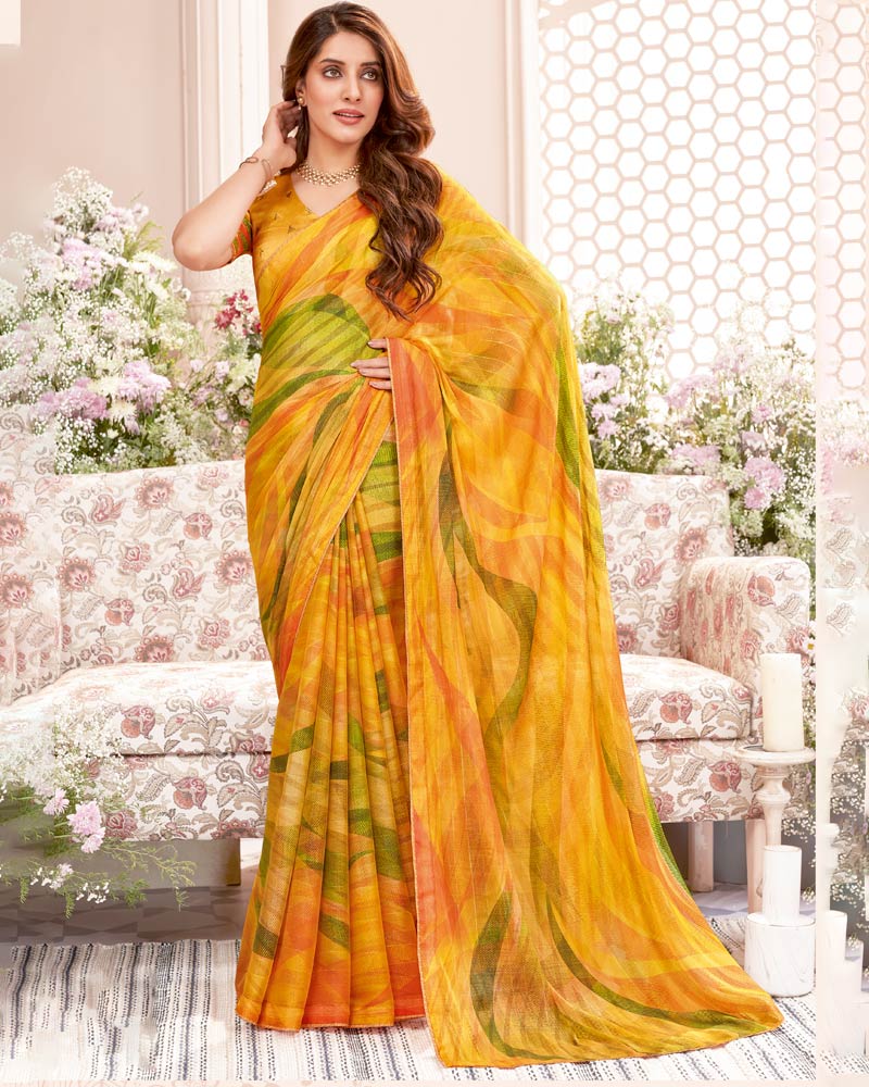 Vishal Prints Dark Yellow Fancy Chiffon Digital Print Saree With Core Piping