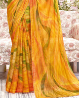 Vishal Prints Dark Yellow Fancy Chiffon Digital Print Saree With Core Piping