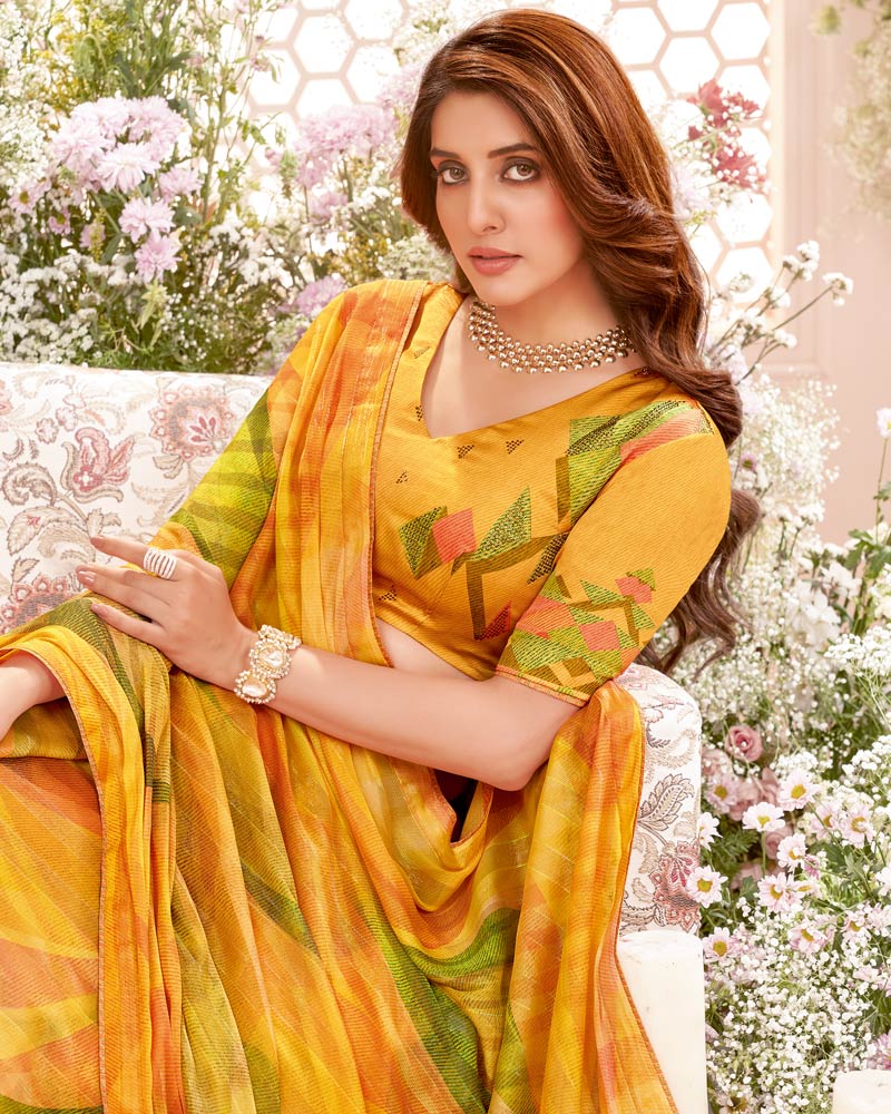 Vishal Prints Dark Yellow Fancy Chiffon Digital Print Saree With Core Piping