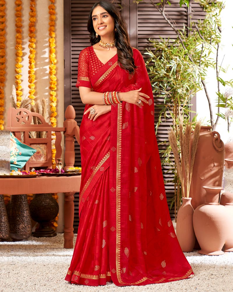 Vishal Prints Cherry Red Chiffon Saree With Foil Print And Fancy Border