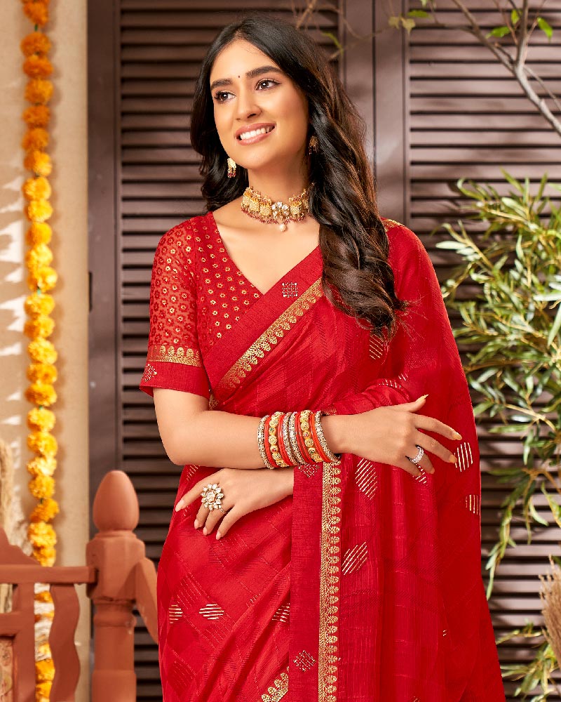 Vishal Prints Cherry Red Chiffon Saree With Foil Print And Fancy Border
