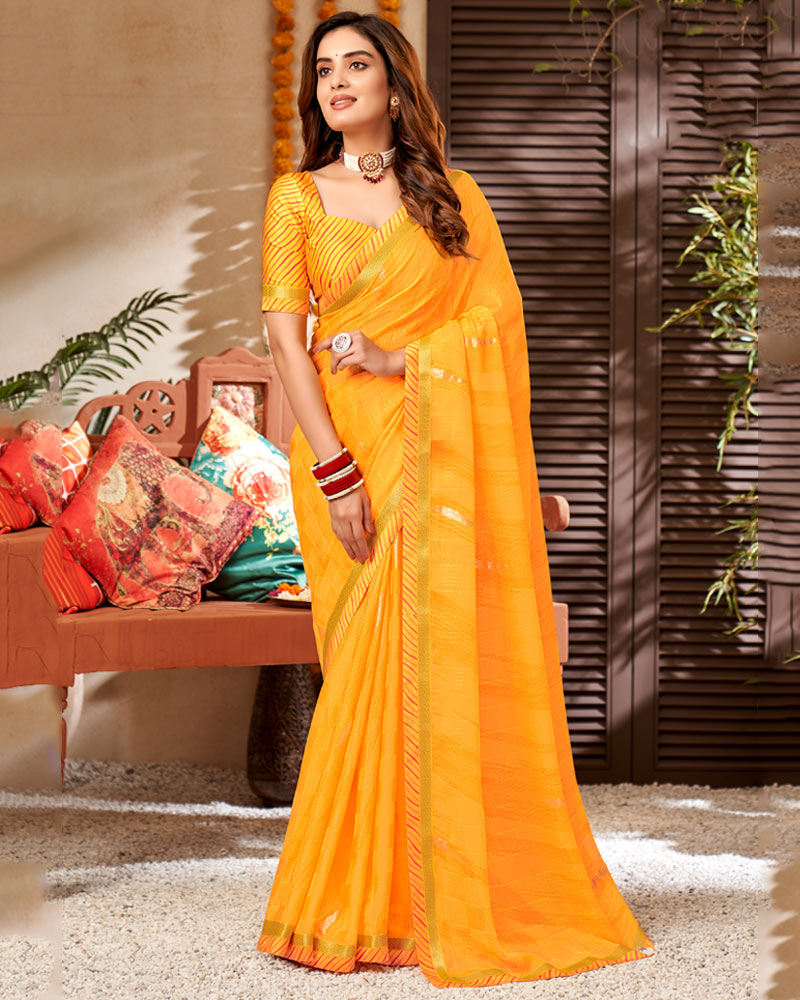 Vishal Prints Mustard Chiffon Saree With Foil Print And Fancy Border