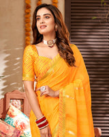 Vishal Prints Mustard Chiffon Saree With Foil Print And Fancy Border
