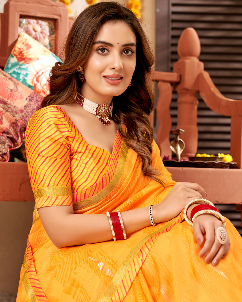Vishal Prints Mustard Chiffon Saree With Foil Print And Fancy Border