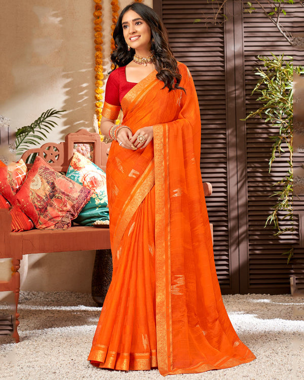 Vishal Prints Dark Orange Chiffon Saree With Foil Print And Fancy Border