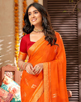 Vishal Prints Dark Orange Chiffon Saree With Foil Print And Fancy Border