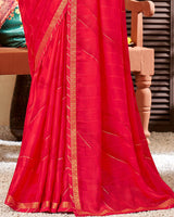 Vishal Prints Pinkish Red Chiffon Saree With Foil Print And Fancy Border