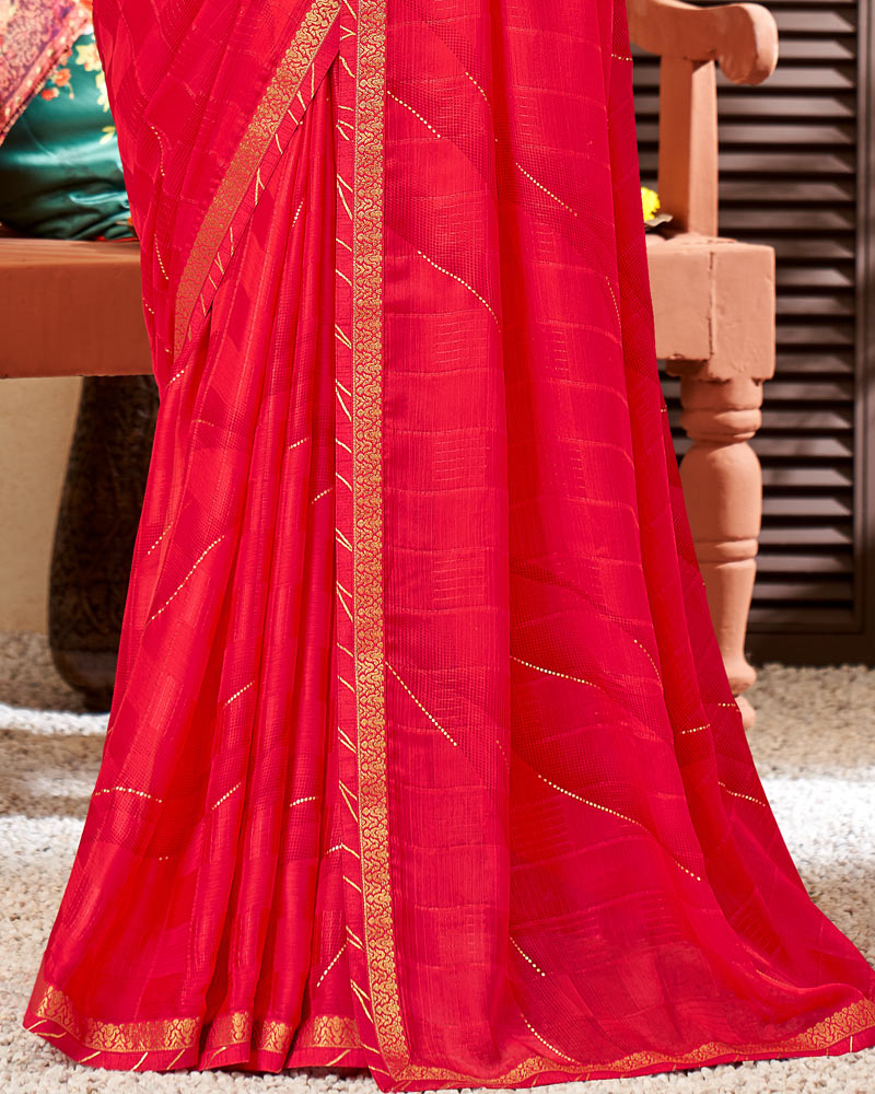 Vishal Prints Pinkish Red Chiffon Saree With Foil Print And Fancy Border