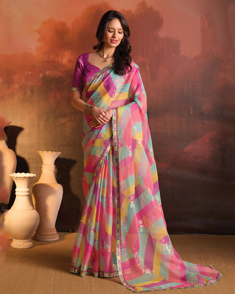 Vishal Prints Multi Pink Designer Digital Print Fancy Chiffon Saree With Fancy Border