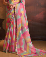 Vishal Prints Multi Pink Designer Digital Print Fancy Chiffon Saree With Fancy Border
