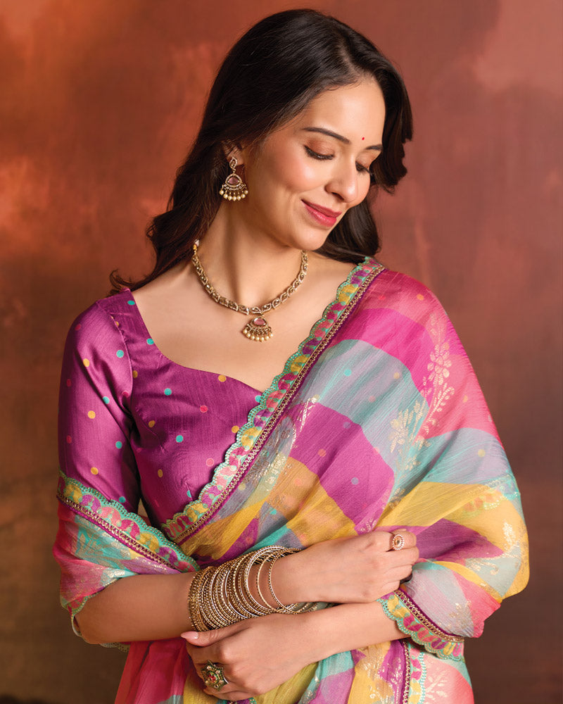 Vishal Prints Multi Pink Designer Digital Print Fancy Chiffon Saree With Fancy Border