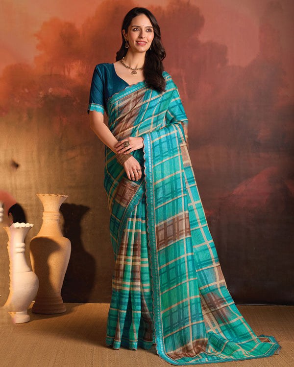 Vishal Prints Fountain Blue Designer Digital Print Fancy Chiffon Saree With Fancy Border