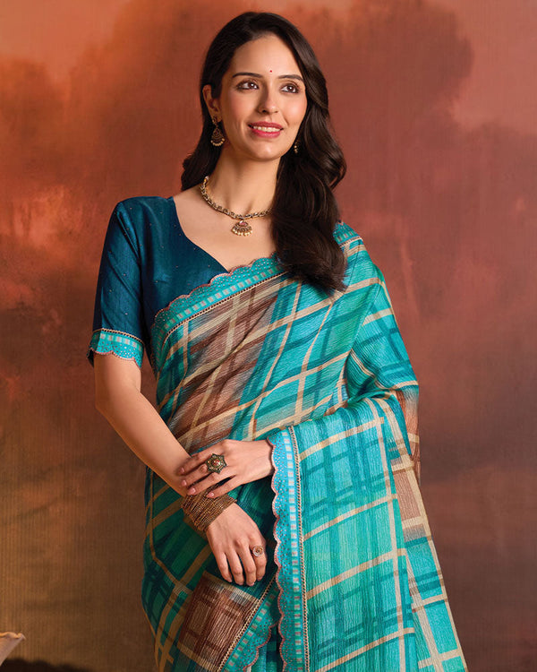Vishal Prints Fountain Blue Designer Digital Print Fancy Chiffon Saree With Fancy Border
