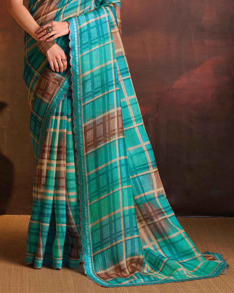 Vishal Prints Fountain Blue Designer Digital Print Fancy Chiffon Saree With Fancy Border
