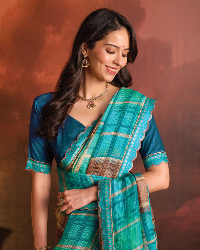 Vishal Prints Fountain Blue Designer Digital Print Fancy Chiffon Saree With Fancy Border