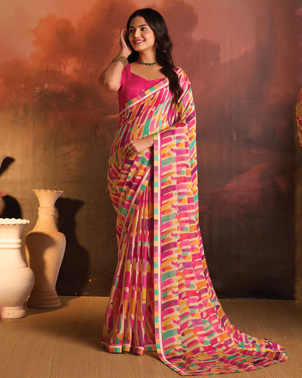 Vishal Prints Rosy Pink Designer Digital Print Fancy Chiffon Saree With Fancy Border