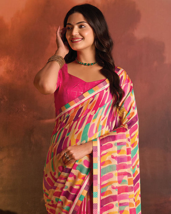 Vishal Prints Rosy Pink Designer Digital Print Fancy Chiffon Saree With Fancy Border