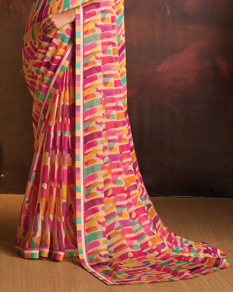 Vishal Prints Rosy Pink Designer Digital Print Fancy Chiffon Saree With Fancy Border