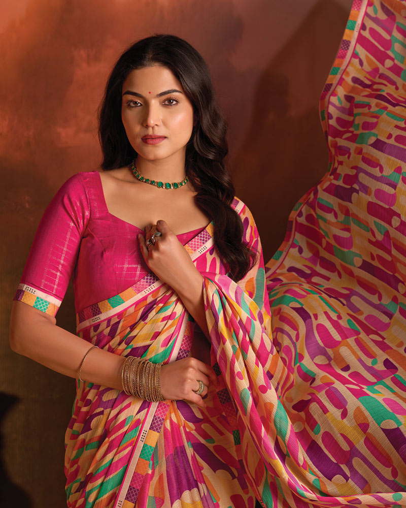 Vishal Prints Rosy Pink Designer Digital Print Fancy Chiffon Saree With Fancy Border
