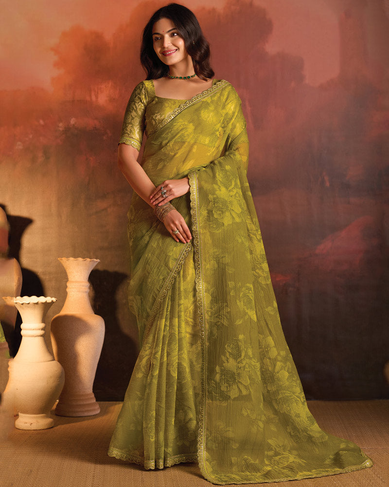 Vishal Prints Olive Green Designer Digital Print Fancy Chiffon Saree With Fancy Border