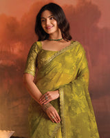 Vishal Prints Olive Green Designer Digital Print Fancy Chiffon Saree With Fancy Border