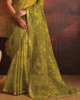 Vishal Prints Olive Green Designer Digital Print Fancy Chiffon Saree With Fancy Border