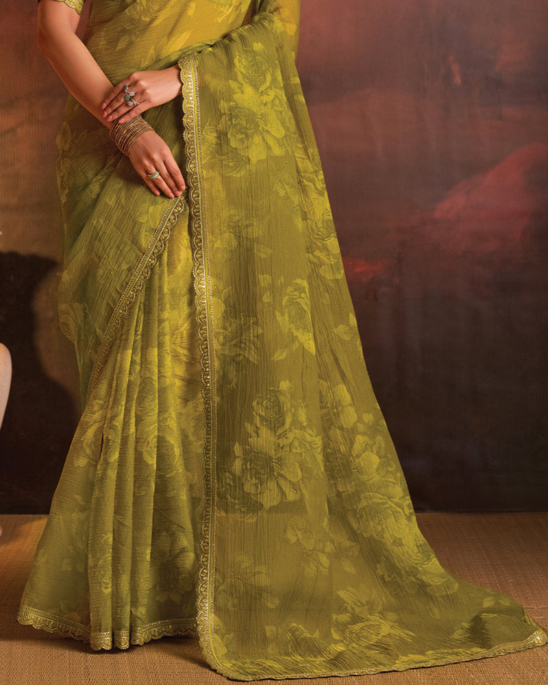 Vishal Prints Olive Green Designer Digital Print Fancy Chiffon Saree With Fancy Border