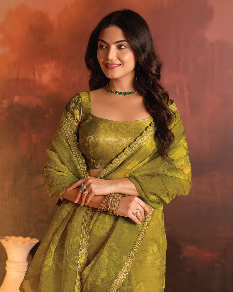 Vishal Prints Olive Green Designer Digital Print Fancy Chiffon Saree With Fancy Border