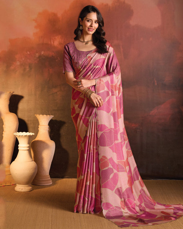 Vishal Prints Faded Pink Designer Digital Print Fancy Chiffon Saree With Fancy Border