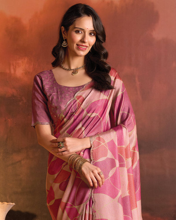 Vishal Prints Faded Pink Designer Digital Print Fancy Chiffon Saree With Fancy Border