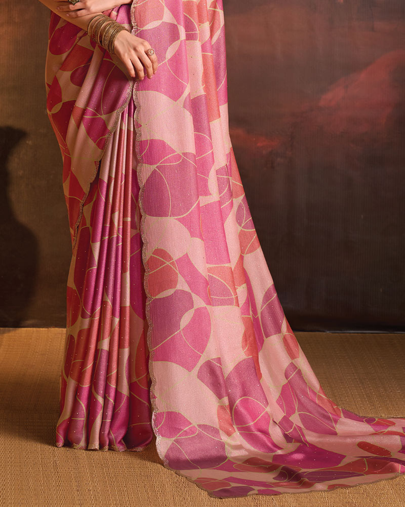 Vishal Prints Faded Pink Designer Digital Print Fancy Chiffon Saree With Fancy Border
