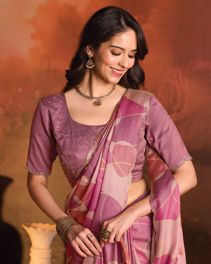 Vishal Prints Faded Pink Designer Digital Print Fancy Chiffon Saree With Fancy Border