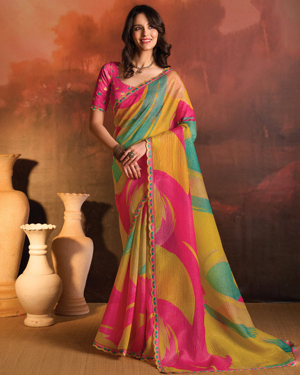 Vishal Prints Light Mustard Designer Digital Print Fancy Chiffon Saree With Fancy Border