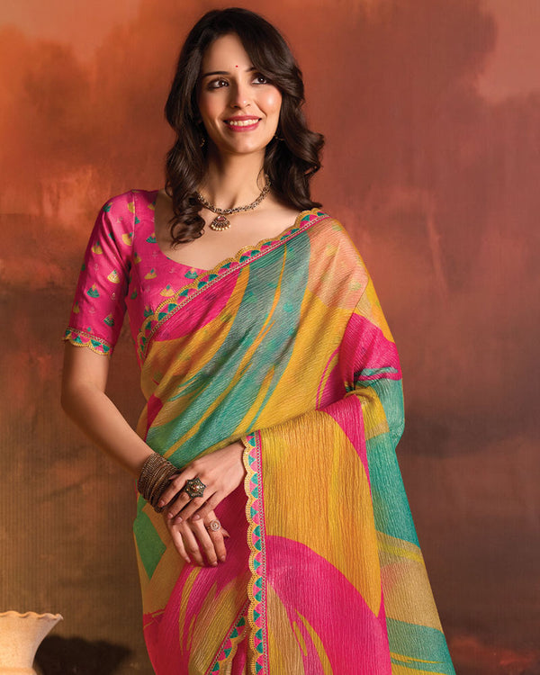 Vishal Prints Light Mustard Designer Digital Print Fancy Chiffon Saree With Fancy Border