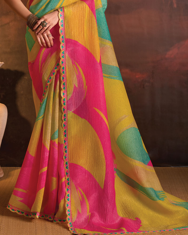 Vishal Prints Light Mustard Designer Digital Print Fancy Chiffon Saree With Fancy Border