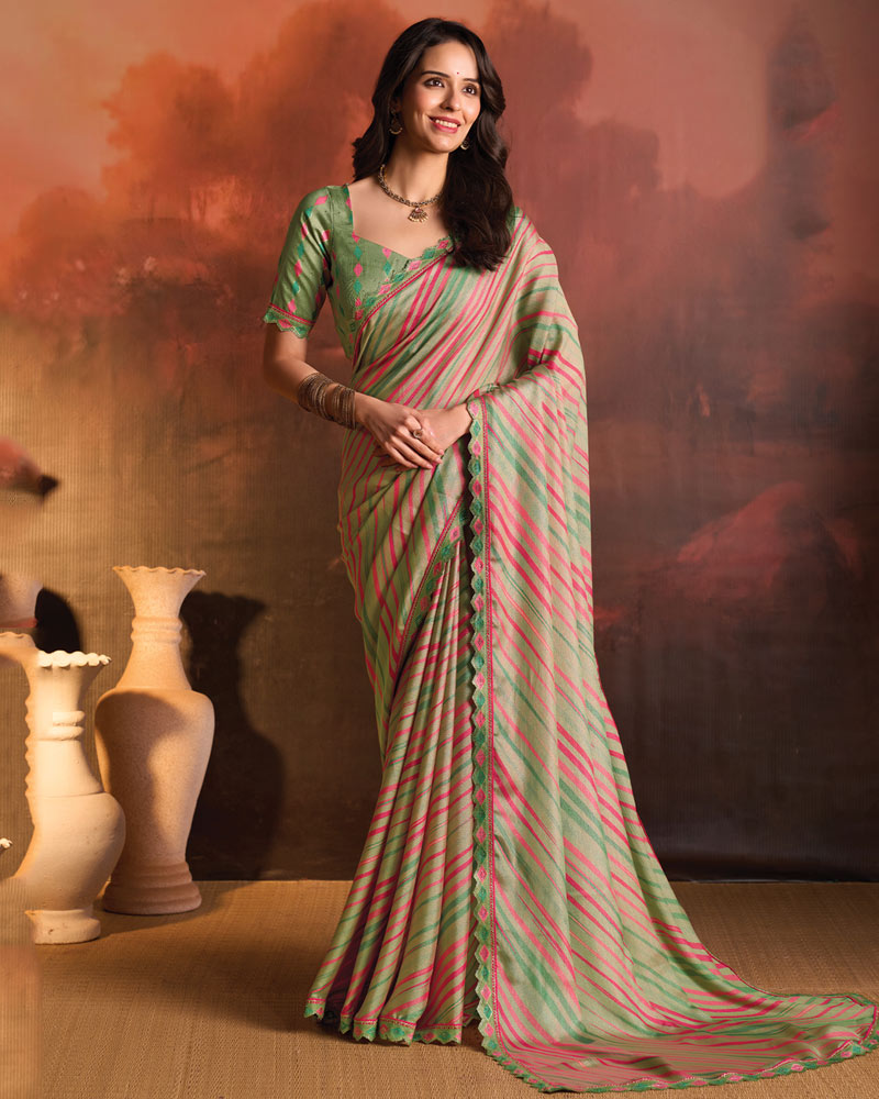 Vishal Prints Spanish Green Designer Digital Print Fancy Chiffon Saree With Fancy Border