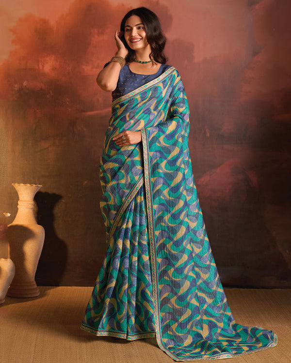 Vishal Prints Teal Green Designer Digital Print Fancy Chiffon Saree With Fancy Border