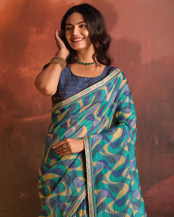 Vishal Prints Teal Green Designer Digital Print Fancy Chiffon Saree With Fancy Border