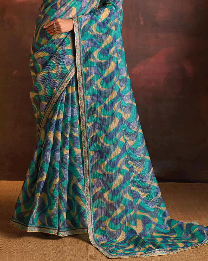 Vishal Prints Teal Green Designer Digital Print Fancy Chiffon Saree With Fancy Border