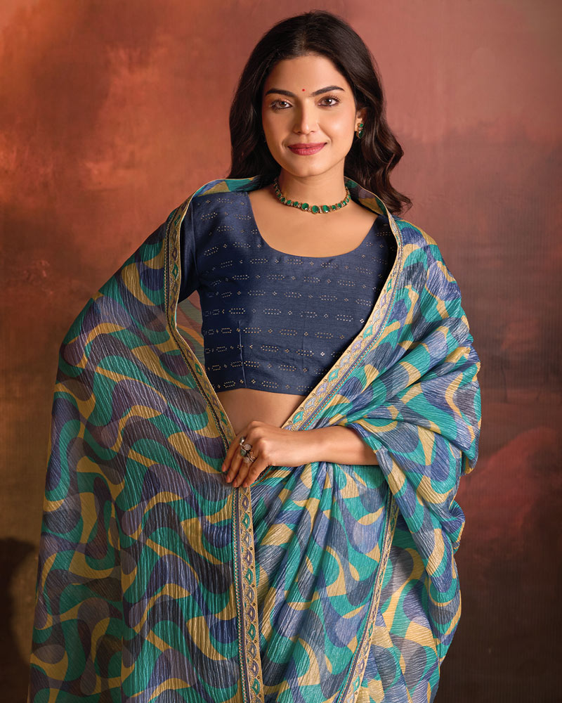 Vishal Prints Teal Green Designer Digital Print Fancy Chiffon Saree With Fancy Border