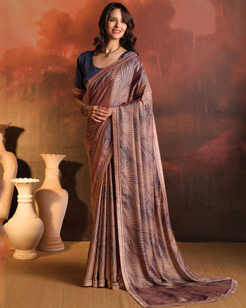 Vishal Prints Pinkish Brown Designer Digital Print Fancy Chiffon Saree With Fancy Border
