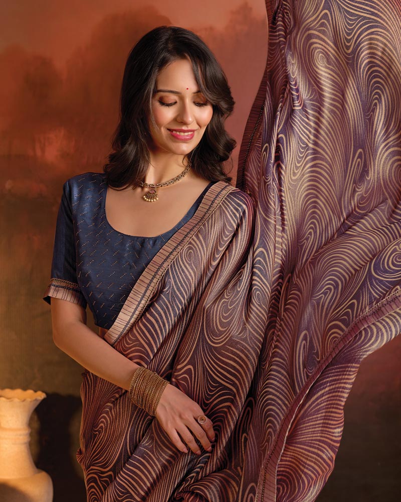 Vishal Prints Pinkish Brown Designer Digital Print Fancy Chiffon Saree With Fancy Border