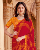 Vishal Prints Dark Red Printed Fancy Chiffon Saree With Cut Work Border