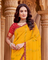 Vishal Prints Chrome Yellow Printed Fancy Chiffon Saree With Diamond Work And Cut Work Border