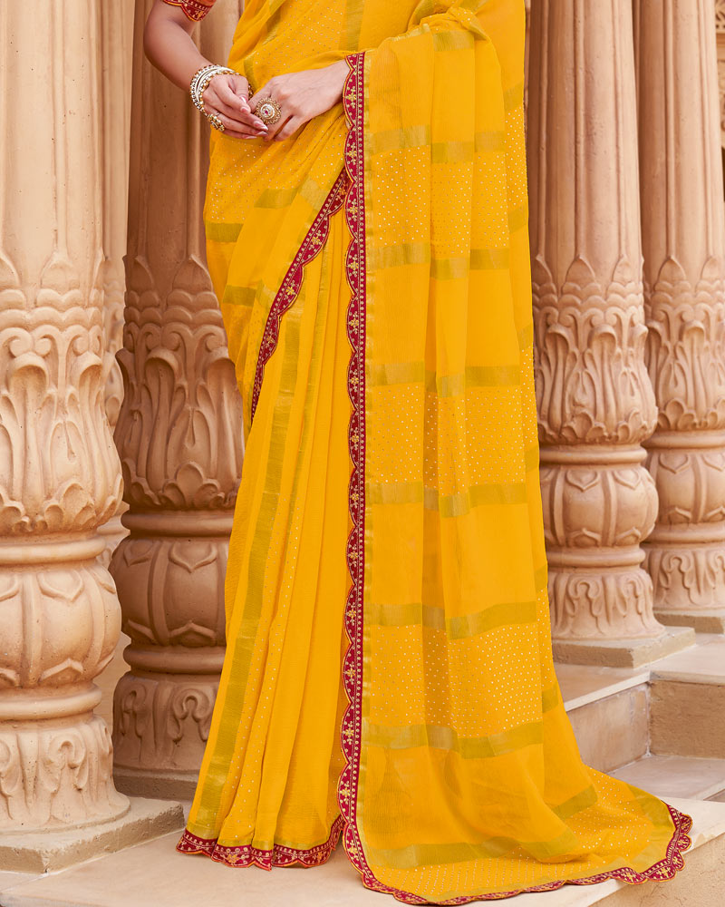 Vishal Prints Chrome Yellow Printed Fancy Chiffon Saree With Diamond Work And Cut Work Border