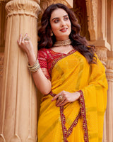 Vishal Prints Chrome Yellow Printed Fancy Chiffon Saree With Diamond Work And Cut Work Border