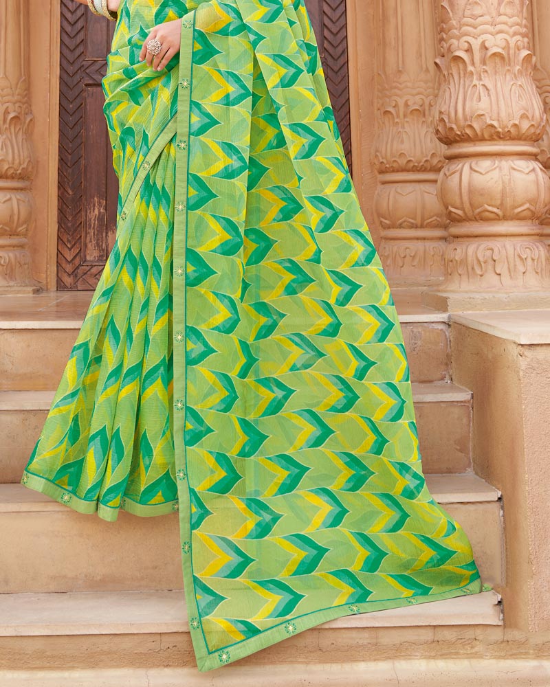 Vishal Prints Pistachio Green Printed Fancy Chiffon Saree With Border