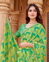 Vishal Prints Pistachio Green Printed Fancy Chiffon Saree With Border